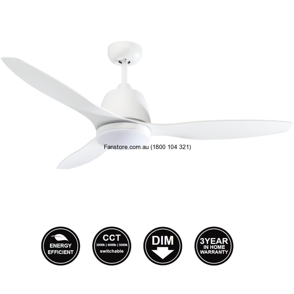 Elite White Motor White Blades Ceiling Fan With Led Light 3 Blade 1200mm 48 Mef1333ww